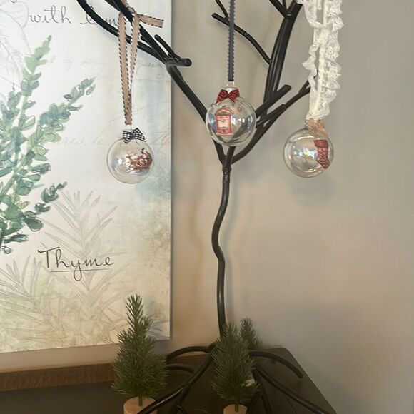 Upcycled Clear Glass Ornaments 3 Different Christmas Balls stocking, sleigh, hut - Picture 2 of 15